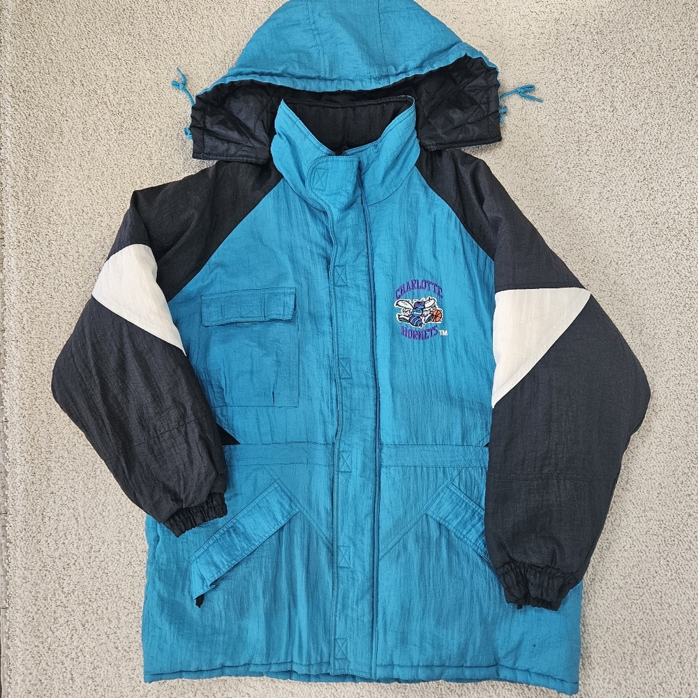 Flawed Vtg Charlotte Hornets Coat Logo 7 Hooded Full Zip Embroidered Mens XL